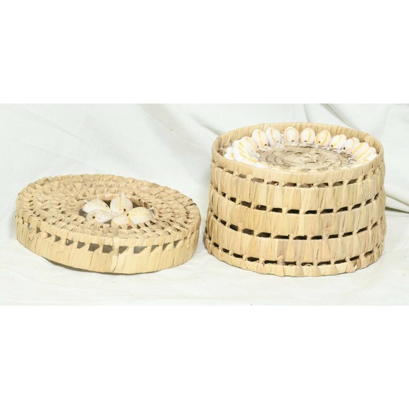 Natural Rattan & Sea Shell Coasters Hand Crafted Set of 6 with Case - Picture 5 of 7